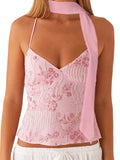 Women Camisoles Sequins Beaded Flower Embroidery V-Neck Casual Camis Tops Summer Fashion Sleeveless Crop Tops with Choker Scarf
