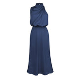 Foridol One Shoulder Turtleneck Tank Satin Women Party Dress Robe Zip Sleeveless Elegant Vintage Folds Women Clothing 2025