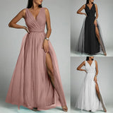 Elegant Solid Color Fine Sparkle Party Dresses Women Temperament V-neck Leace-up Mesh Slit Long Dress Evening Vestidos Female