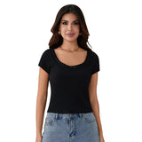Women's Summer Solid Color Basic T-Shirts Casual Slim Fit Stylish Lace Trim Bow Crew Neck Short Sleeve Crop Tops