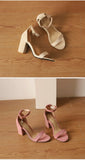 Beige Suede Ankle Strap Block Heel Sandals for Women, Round Open Toe with Rhinestone Accent, Multiple Colors Available