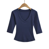 New Pure Desire Casual Style T-Shirt Hot Girl Sexy V-Neck Wool Lyocell Stretch Slim Fit Mid-Sleeve Solid Color Thin T-Shirt WLOC