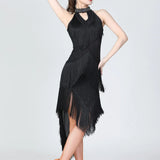 Women's Sparkling Sequin Carnival Irregular Tassel Dress Latin Dance Stage Costume Squins Fringe Tassel Sexy Bodycon Party Dress