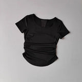 Women's Summer Yoga Sports Top Short Sleeve Pleated Waist Cinching Mesh Spliced Breathable Fitness T-Shirt