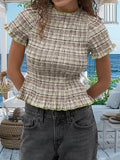 Women Casual Summer Plaid Print Shirred Tops Slim Mock Neck Short Sleeve Crop Ruffle T-shirts Streetwear