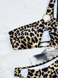 Leopard One Shoulder Hollow Out Bikini Female Swimsuit Women Swimwear Two-pieces Bikini set Metal Rings Bather Bathing Suit Swim