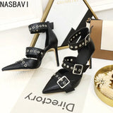 NASBAVI Black Punk Gothic High Heels Sexy Plus Size Pointed Toe Fashion Buckle Rivet Women Pumps Wedding Shoes Stiletto Heels