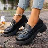 2025 Fashion Metal Chain Platform Loafers Women Thick Bottom Pu Leather Shoes Woman Slip On Black Student Shoes Plus Size 35-43