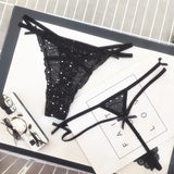 Sexy Women's Thong Erotic Cross Hollow T Pants Starry Sky Shiny Sequins Black Mesh Transparent Bow Perspective Briefs Lingerie