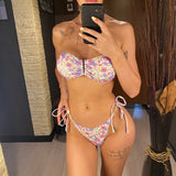 XS - L Flowers Printed Floral Bandeau Bikini Female Swimsuit Women Swimwear Two-Pieces Bikini Set Bather Bathing Suit Swim V5453