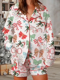 Women's 2025 Satin Christmas Pajama Set Long Sleeve Lapel Bow Print Shirt Wide Leg Shorts Loose Two Pieces Sleepwear
