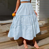2026 Summer Vintage Checkered Maxi Skirt Women High Waisted Elastic Plaid Ruffle Long Skirts Retro Sweet Cake A  Line Skirts