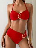 S - XL Metal Ring Halter Female Swimsuit High Waist Bikini Women Swimwear Two-Pieces Bikini Set Bather Bathing Suit Swim V6933