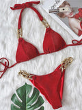 Halter Ribbed Metal Chains Diamond Bikini Women Swimsuit Female Swimwear Two-pieces Bikini Set Bather Bathing Suit Swim Lady