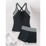 Women's Conservative 2 Piece Swimsuit Black Stripe Print Patchwork Tankini Bikini Set Suspender Cross Backless Bathing Suit 2025