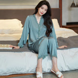 Spring and summer ice silk pajamas sexy lace long-sleeved cardigan home wear set