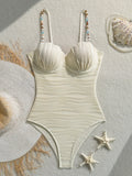 Shell Underwired Wrinkled Beads One Piece Swimsuit Women Swimwear Female High Leg Cut Monokini Bather Bathing Suit Swim Bodysuit