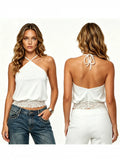 Women's Summer  Slim Fit Going Out Halter Tank Tops Lace Trim Hem Sleeveless Backless Vest