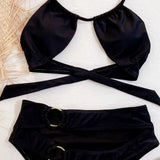 Bikini 2026 Sexy Swimwear Swimsuit Women Black Hollow High Waist Halter Bikinis Set Bathing Suit Beach Bikini Metal Ring Decor