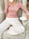 Women Sleepwear  Long Sleeve T-shirt with Long Trouses Set Autumn Winter Pajamas Set Homewear Femme Loungewear