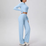 2 Pcs Women's Seamless Yoga Set Long-sleeved Wide-leg Pants Tracksuit Fitness Sports Set High-waisted Hip-lifting Slim-fit Suit