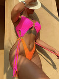 Splicing High Cut Out One Piece Swimsuit Women Tassel Swimwear Female Sexy Bathing Suit String Leopard Bikini 2025 Monokini Lady
