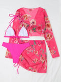 2026 Summer Women's 4 Pieces Suit Swimwear Neck Lace-up Bikini Set+crop Top+skirts Floral Print Gauze Swimsuit Beachwear Biquini