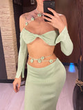Sexy Knitted Sling Long Skirts Woman's Set Casual Slim Solid Lace Up Tube Tops Slit Skirt Sets Female Summer Beach Dress V6187