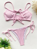 sexy solid ribbed bow tie bikinis sets two pieces hollow thong swimsuit bathing suit swimwear biquini bakini tankini
