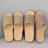 Breathable Linen Slippers For Women Men Summer House Shoes Striped Design Soft Sole Anti-Slip Couples Home Floor Cotton Slides