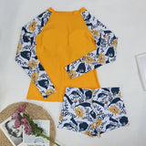 Women Two Pieces Vintage Print Rash Guard Swimwear Long Sleeve Shirt Shorts Surf Top Retro Print Running Shirt Split Swimsuit