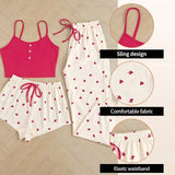 3 Pieces Pajamas Set Women Sleepwear Casual Heart-Shaped Printed Vest and Shorts and Pants Sets Homewear Pijamas