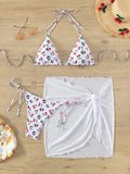 With Mesh Sarong Skirt Cherry Printed Bikini Female Swimsuit Women Swimwear Three Pieces Bikini Set Bathing Suit Swim Beachwear