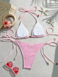 Sexy Blue Knitted Patchwork Bikini Set Women Halter Push Up Bra Bandage Thong Swimsuit Summer Bathing Suit Pool Swimwear 2026
