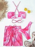 Wrap Around with Mesh Sarong Skirt Bikini Female Swimsuit Women Swimwear Three-pieces Bikini Set Beachwear Bathing Suit Swim