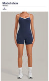 New Tight One-piece Yoga Suit Women Color Contrast Splicing Hollow Back Cross Sports Jumpsuit Outwear Slimming Fitness Bodysuits