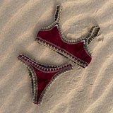 2026 Women Swimsuit Elegant Wine Red Bikini Set with Unique Braided Trim Perfect for Beach Wear and Pool Parties Summer Getaways