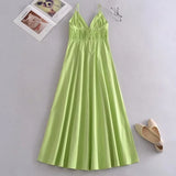 Foridol Elastic Smocking Green Cotton V Neck Summer Women's Dress Sleevless Long Green Maxi Casual Strapy Dress Solid Female