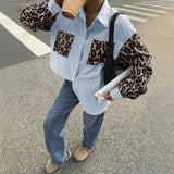 2026 New Women's Loose Casual Leopard Stripe Patchwork Long Sleeve Shirt with Pockets Turn Down Collar Blouse Top
