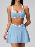 Summer New Outdoor Breathable Yoga Sets Women Color Block Shockproof Sports Bra Tennis Pleate Skirt Gym Workout Fitness Suits