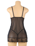 Sexy Women Mesh Printed Honeymoon Nightgown Lace Trim Adjustable Strap Sleep Dress Sheer Black Chemise Lingerie XS-L With Thong