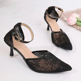 Sexy Black Mesh Pointed Toe Pumps Women Plus Size 43 Ankle Buckle High Heel Party Shoes Woman Embroidered Sequins Pumps Ladies