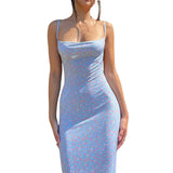 Women's Summer Sexy Bodycon Dress Spaghetti Strap Sleeveless Backless Slim Fit Floral Printed Long Dresses