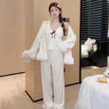 Fashionable Home Pajamas Three-piece Set Island Velvet Pajamas Spring and Autumn Suspenders Sexy Homewear Casual Suit