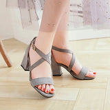 Big Size Casual Women Sandals Black Flock 7cm High Square Heels Peep Toe Summer Cross Buckle Strap Party Office Red Lady Sandals