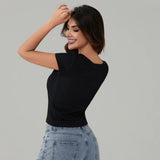 Women's Summer Solid Color Basic T-Shirts Casual Slim Fit Stylish Lace Trim Bow Crew Neck Short Sleeve Crop Tops