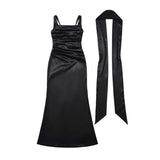 Pure Desire Style Collarbone-revealing Strapless Long Dress Feminine And Slim-fitting With Pleated Waist Tie Straps Bodycon LWIO