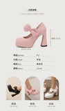Plus Size Women's Bow Mary Janes Platform Chunky Heels Ankle Strap High Heel Pumps Sweet Lolita Party Dress Shoes