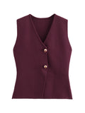 Foridol Gold Button Knitted Tank Top Women Autumn Winter Burgundy Short Vest Sleeveless V Neck Chic New Fashion Tops
