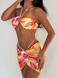 with Mesh Skirt 3D Flowers Halter Bandeau Bikini Female Swimsuit Women Swimwear Three-pieces Bikini Set Bathing Suit Beachwear